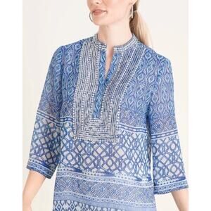 Chico’s Tunic Beach Size 12P Seaside Sheer Rhinestones Blue White Black Blouse